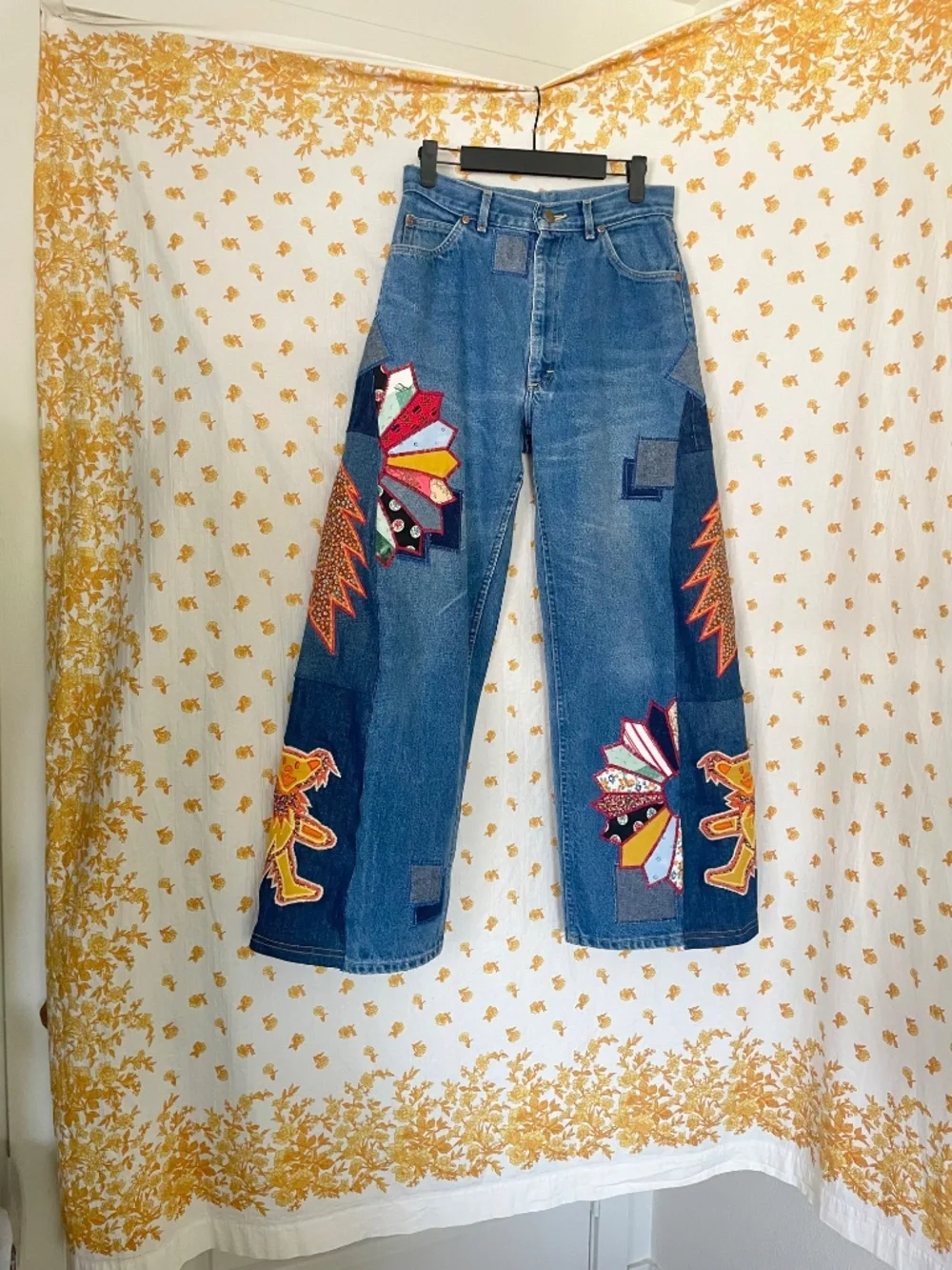 Vintage Lee Upcycled Patchwork Jeans 12P OOAK 70s Hippie Wide Leg - Picture 7 of 12
